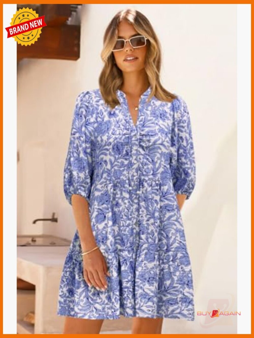 Floral Boho Shift Dress Casual V Neck Puff Sleeve Flowy Mini Dress - Picture 2 of 7